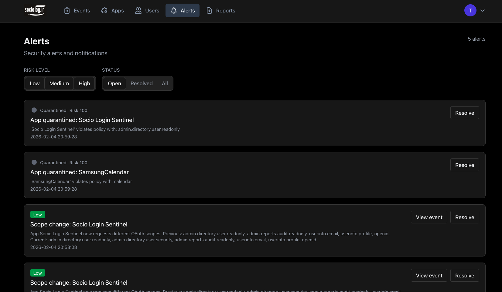 Socio Login dashboard